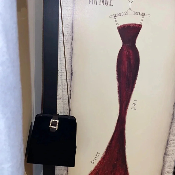 Jeanne Lottie  Vintage Black Velvet rhinestone details slim chain shoulder bag - Picture 2 of 11